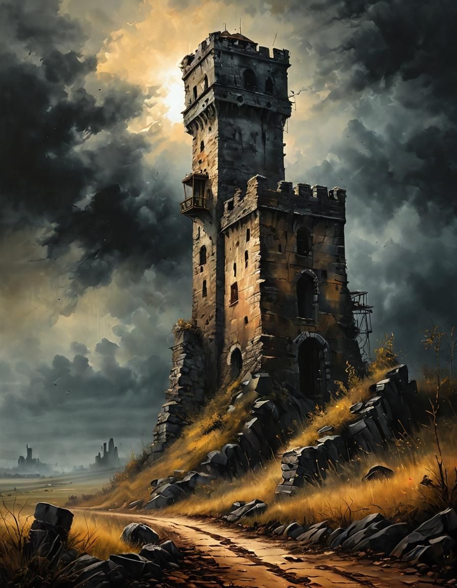 Historic Watchtowers in Dark Fantasy Landscape