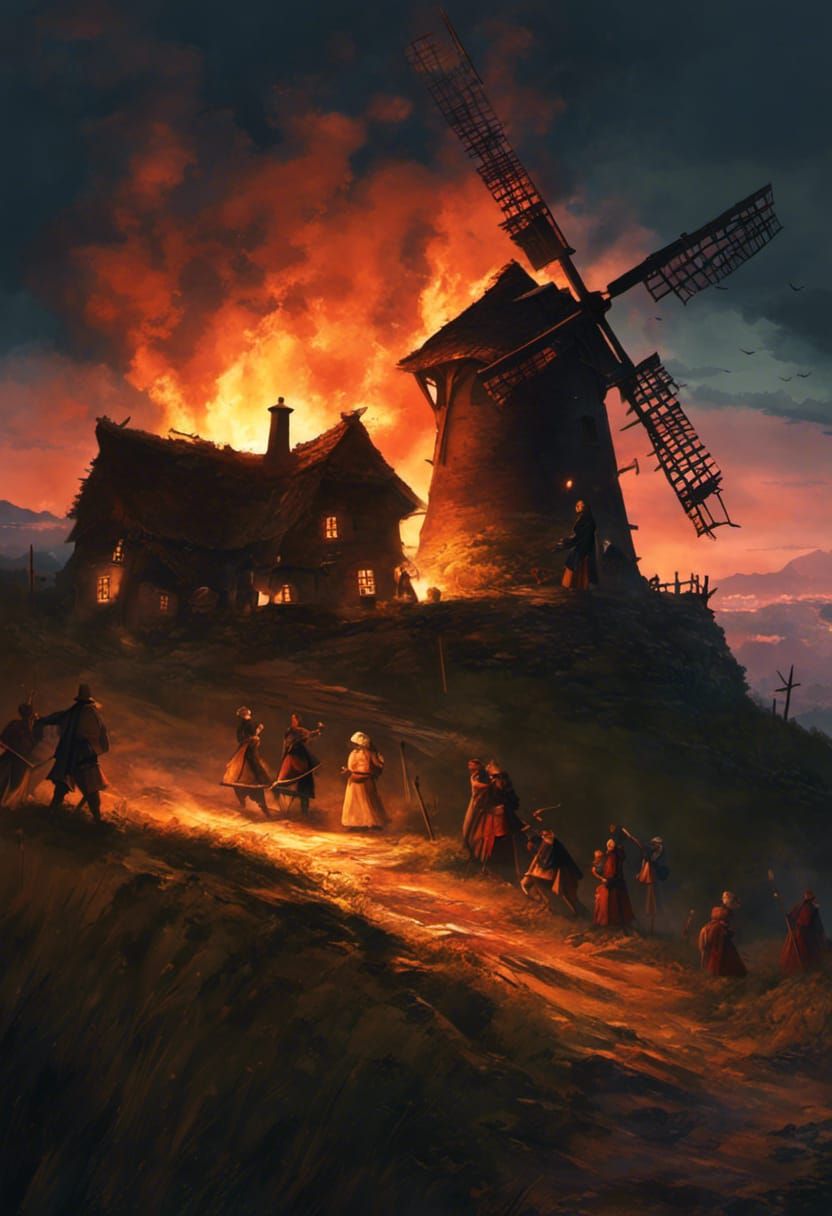 Villagers Attack Windmill in Macabre Horror Scene