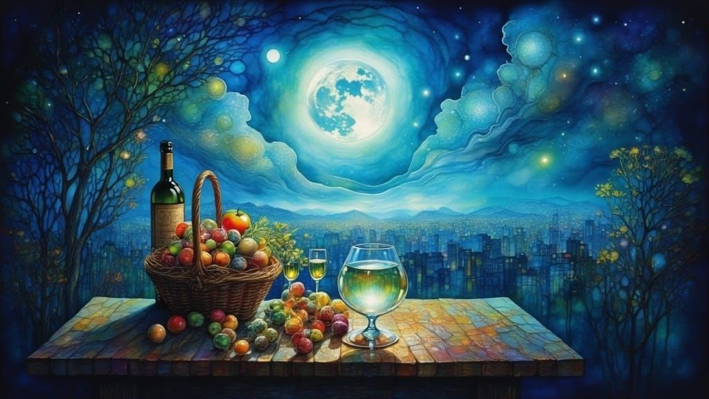 Chagall-Inspired Nocturnal Rendezvous with Fruit and Wine