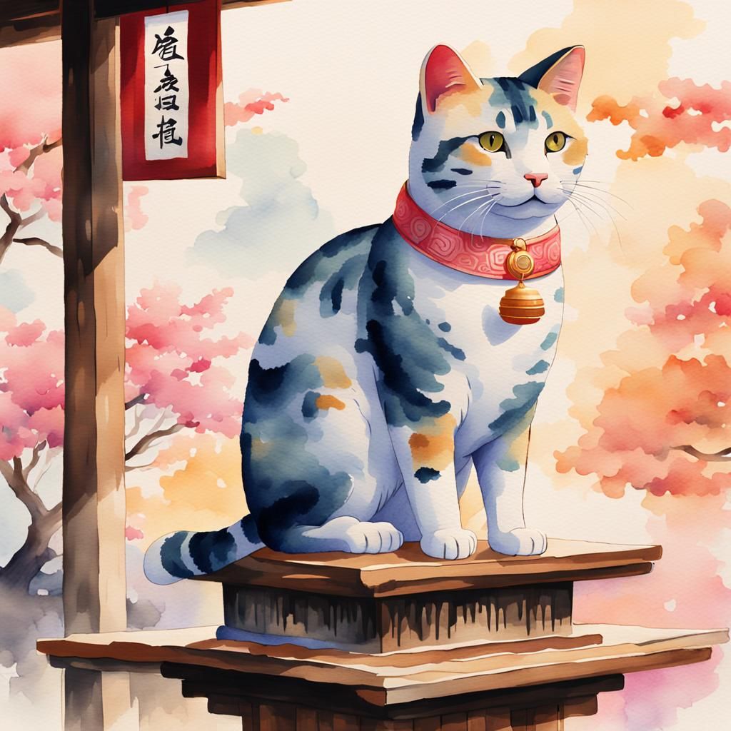 Maneki-neko Cat in Japanese Shop, Watercolor Art