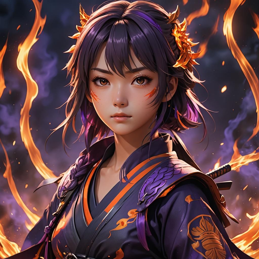 Fiery Samurai Girl in Anime Style 3D Art