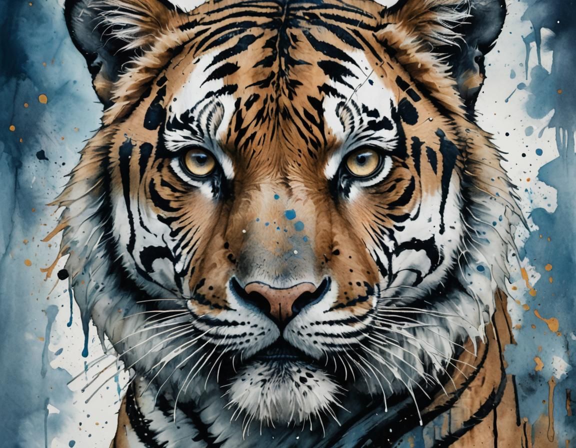 Regal Tiger Portrait in Chinese Ink Painting Style