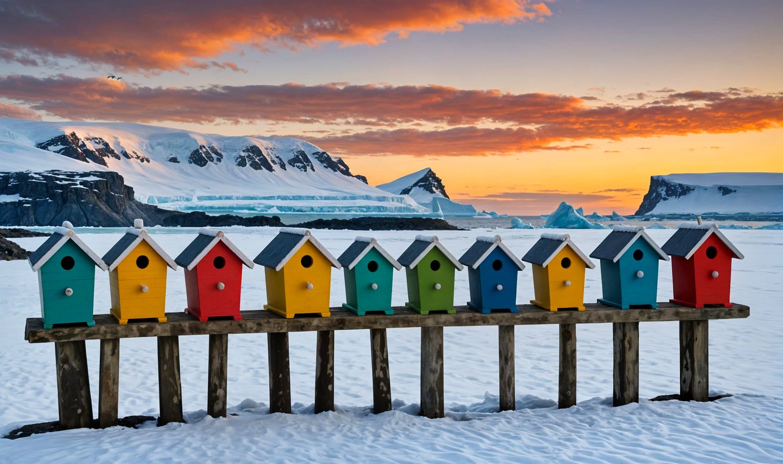 Penguins Admire Multi-Colored Birdhouses in Antarctic Winter