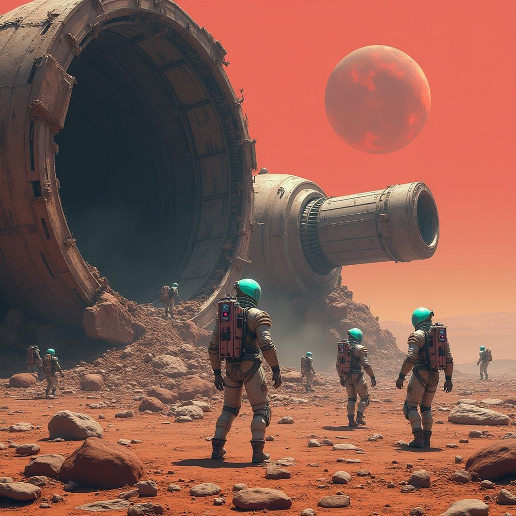 Cyberpunk Astronauts Explore Ruined Space Station