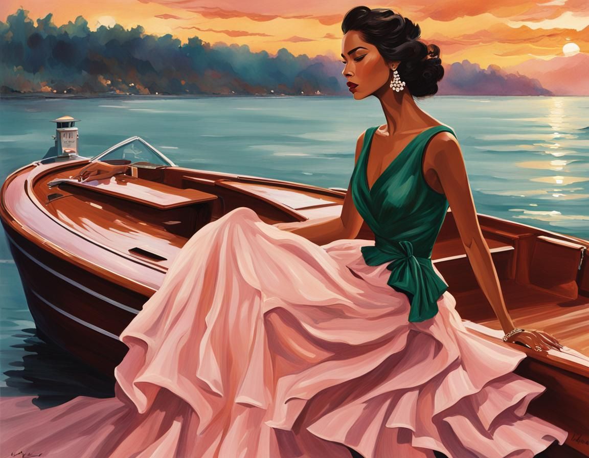 Fashion Illustration of Latina Model on Classic Boat