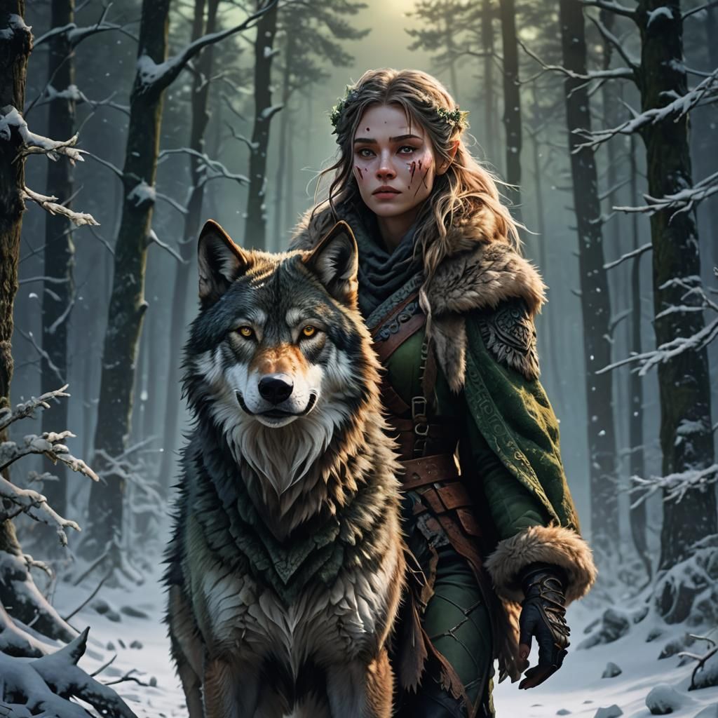 Girl Rides Wolf Through Snowy Forest: Fantasy Art