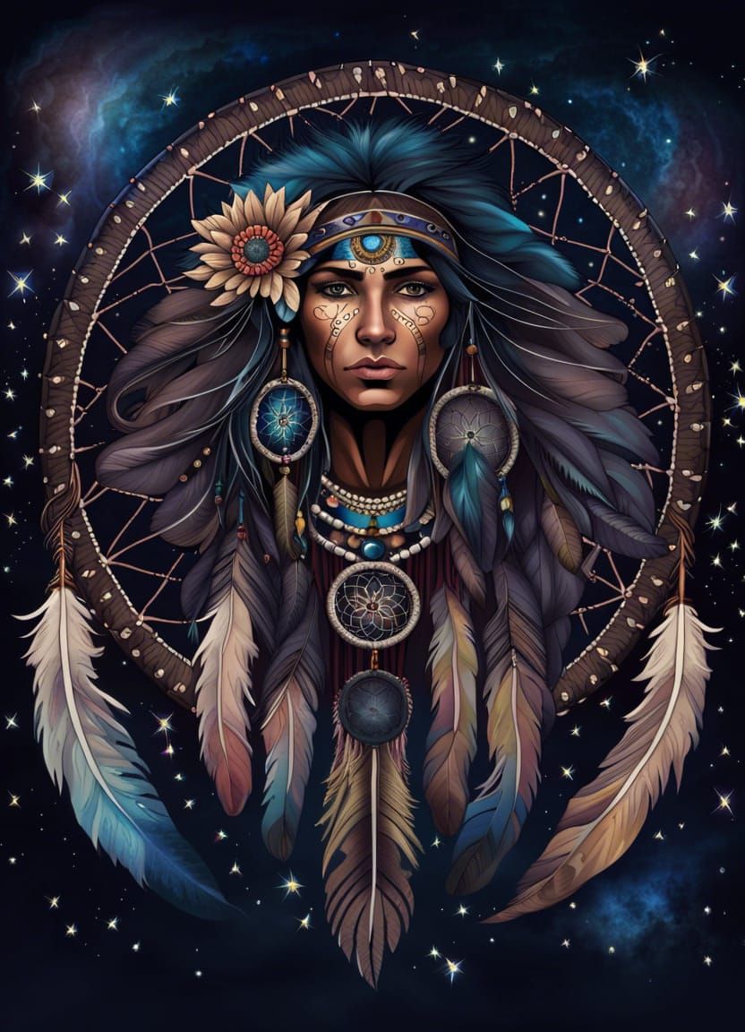 Dreamcatcher with Native American Face and Starry Sky