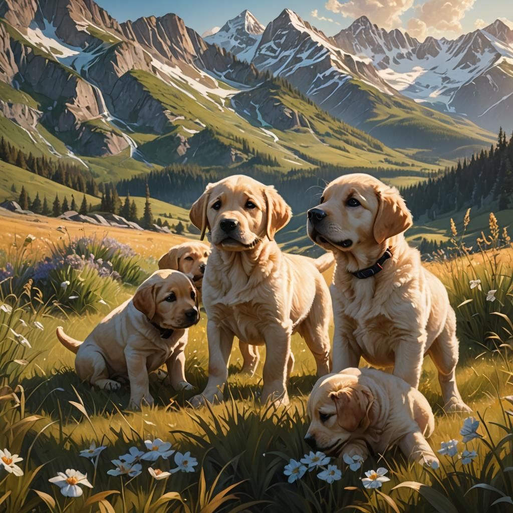 Golden Lab Puppies Play in Mountain Meadow at Sunset