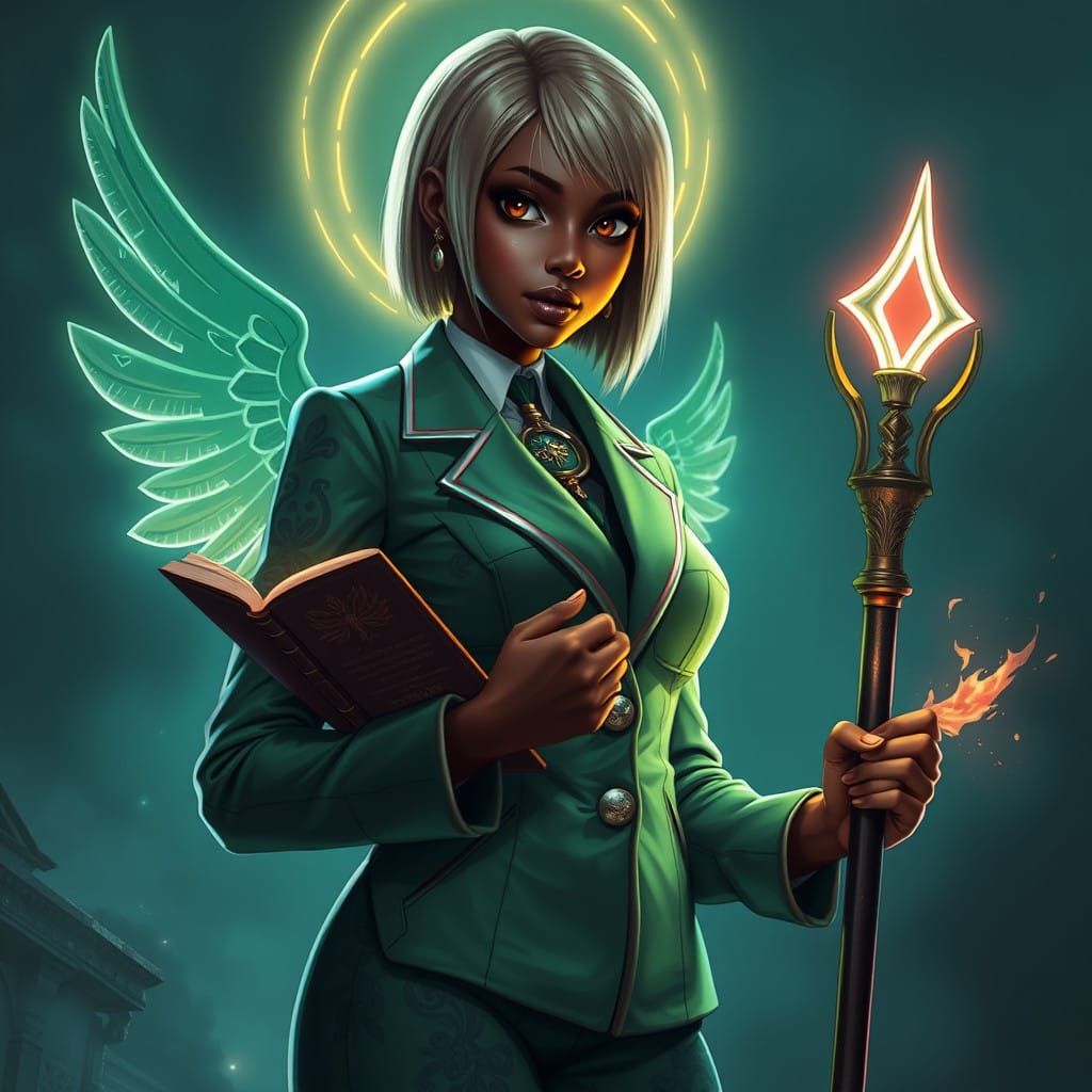 Ethereal Goddess of Honor in Neon-Lit Cyberpunk Attire