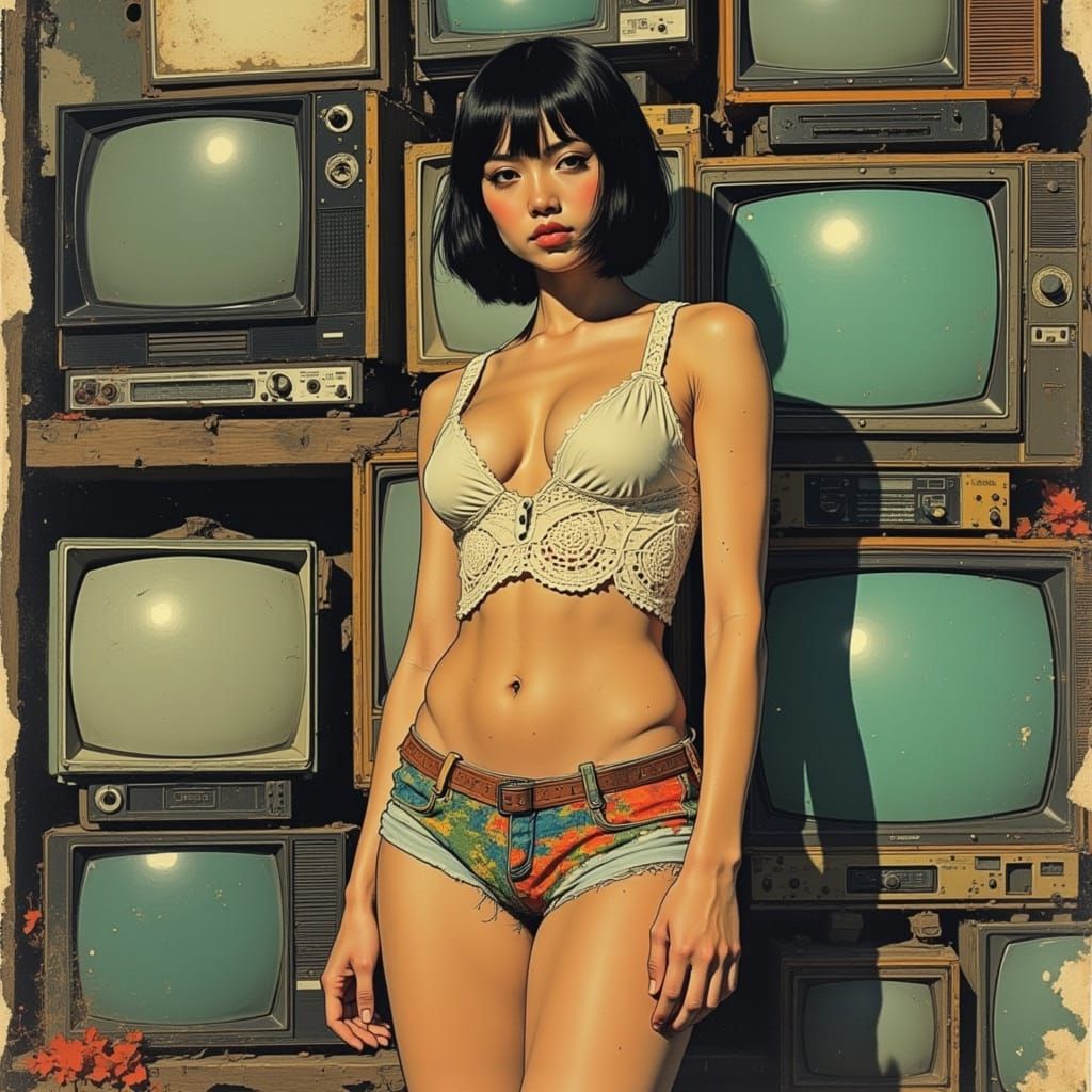Anime Woman in Retro-Futuristic Television Room