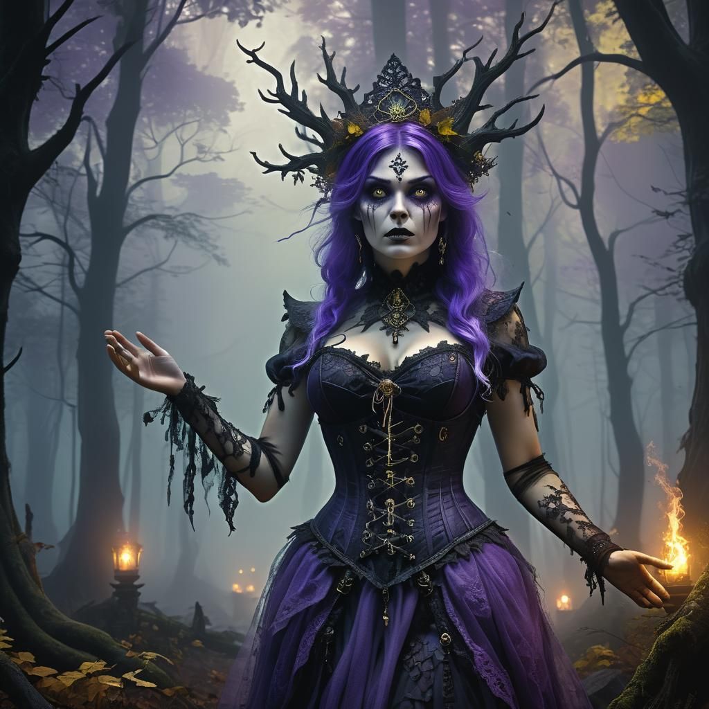Evil Forest Witch in Mist, Dark Fantasy Art
