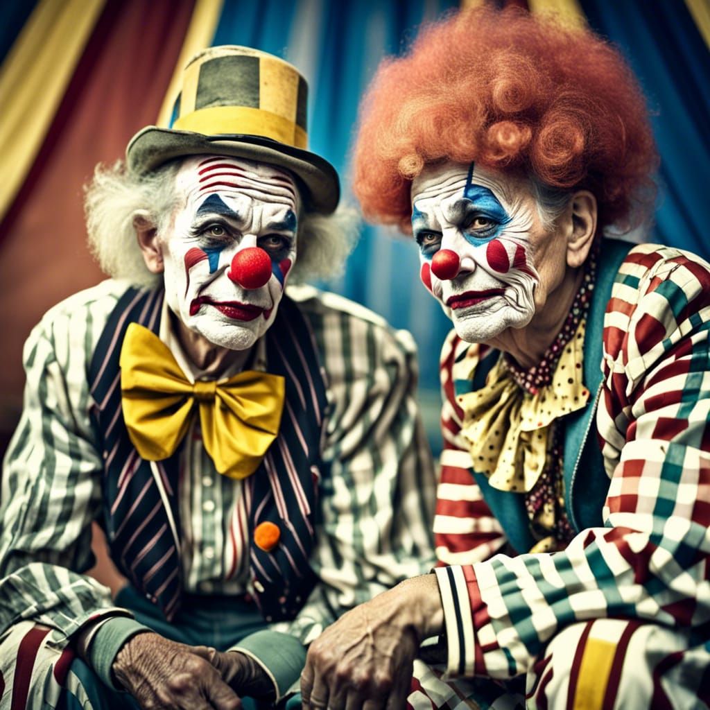Elderly Clown Couple Portrait in Vintage Style