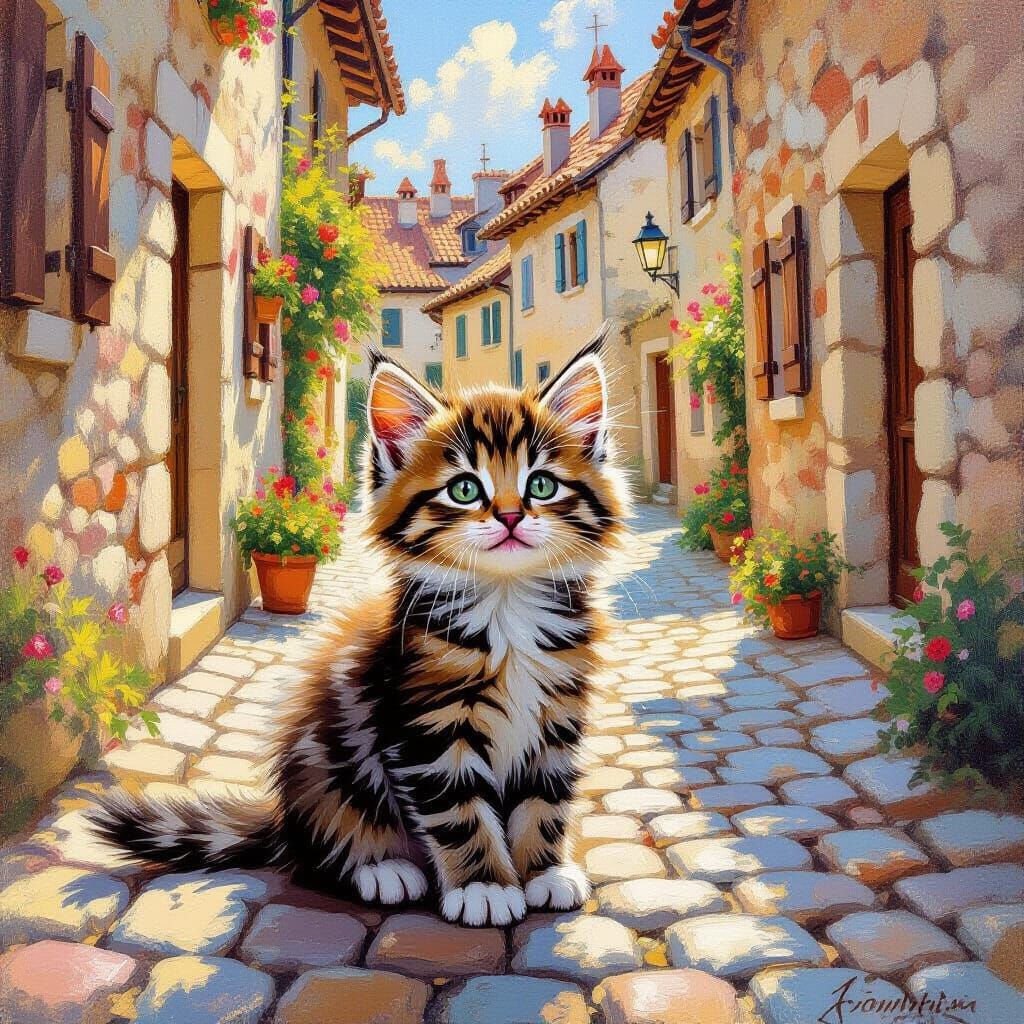 Kitten on Cobblestone Street in Quaint Old Town