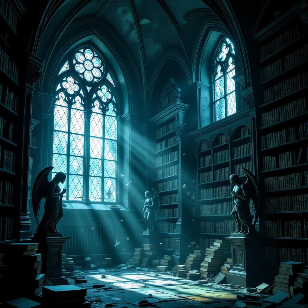 Ethereal Moonlight Over Forgotten Gothic Library