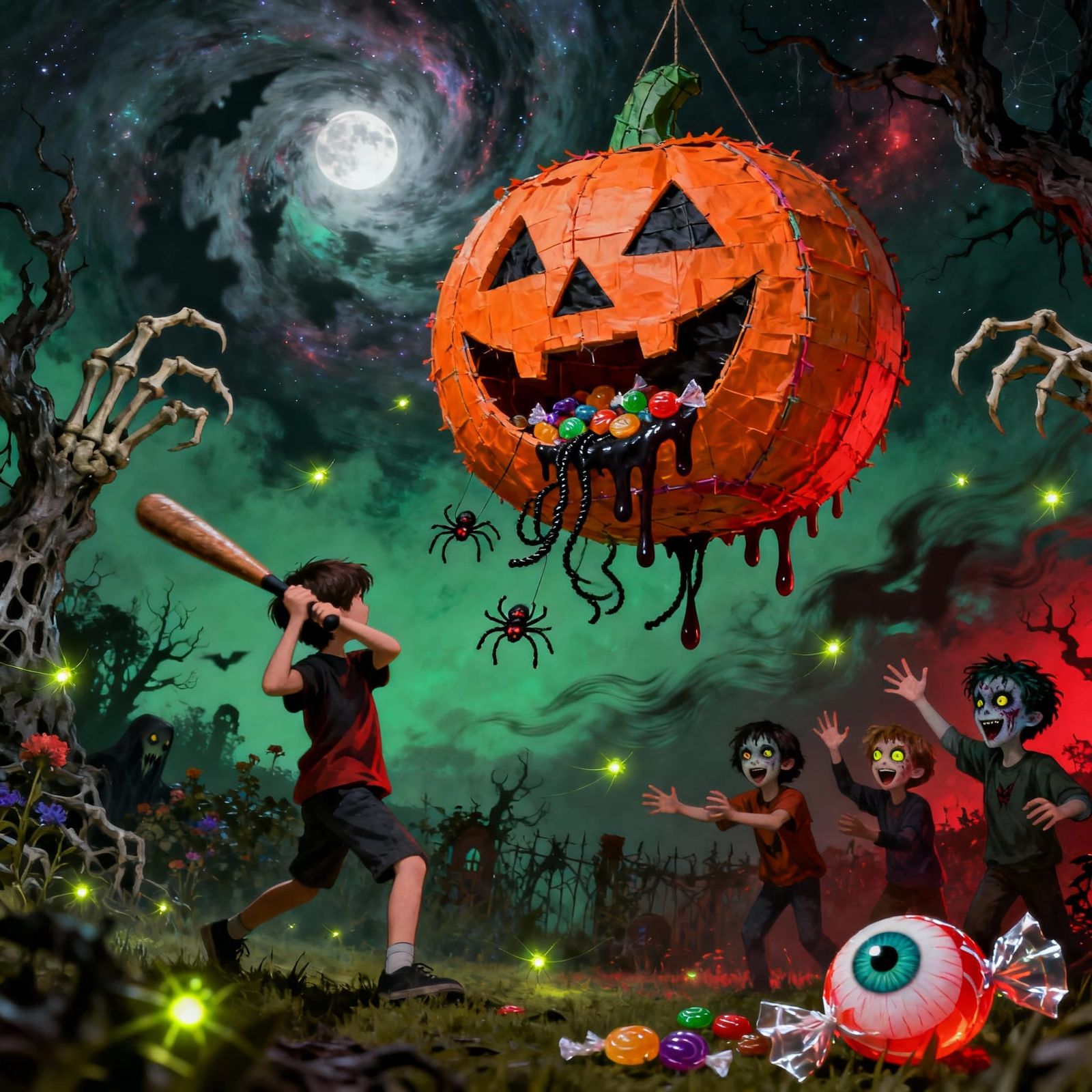 Giant Jack-o'-Lantern Piñata Unleashes Candy and Spiders