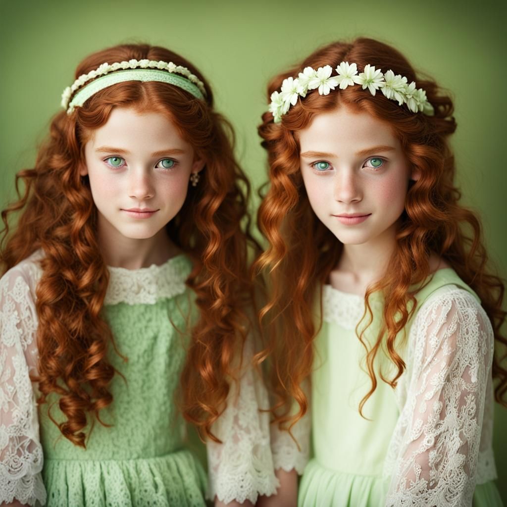 Red-Haired Twin Girls in Lacy Dresses