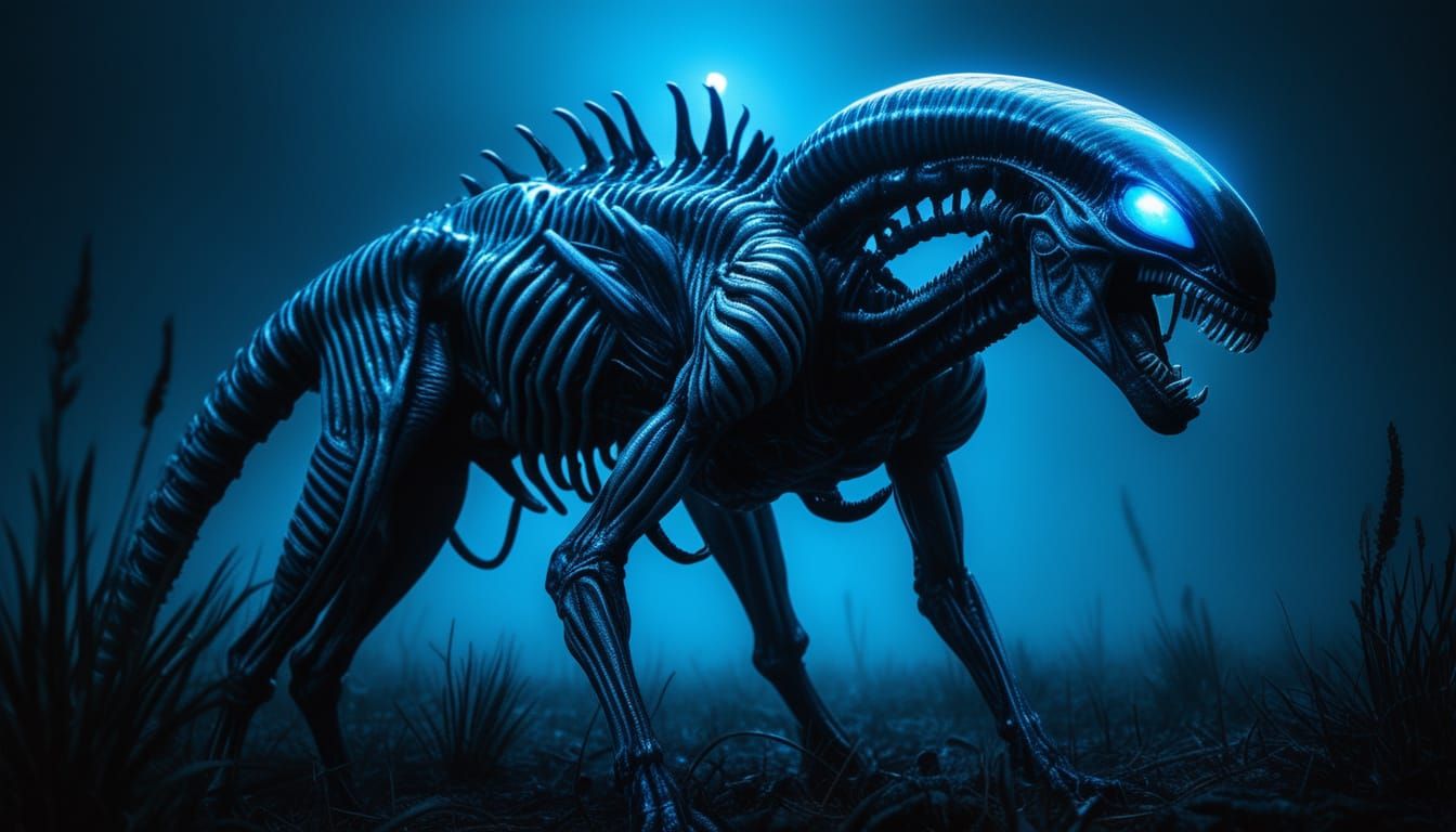 Velvet Xenomorph Zebra in Dark, Misty Savannah