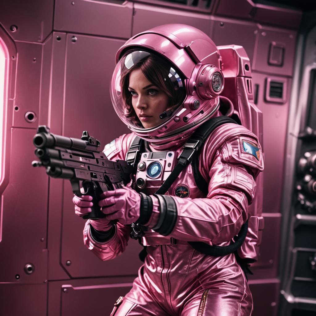 Cinematic Pink Astronaut on Spaceship with Blaster