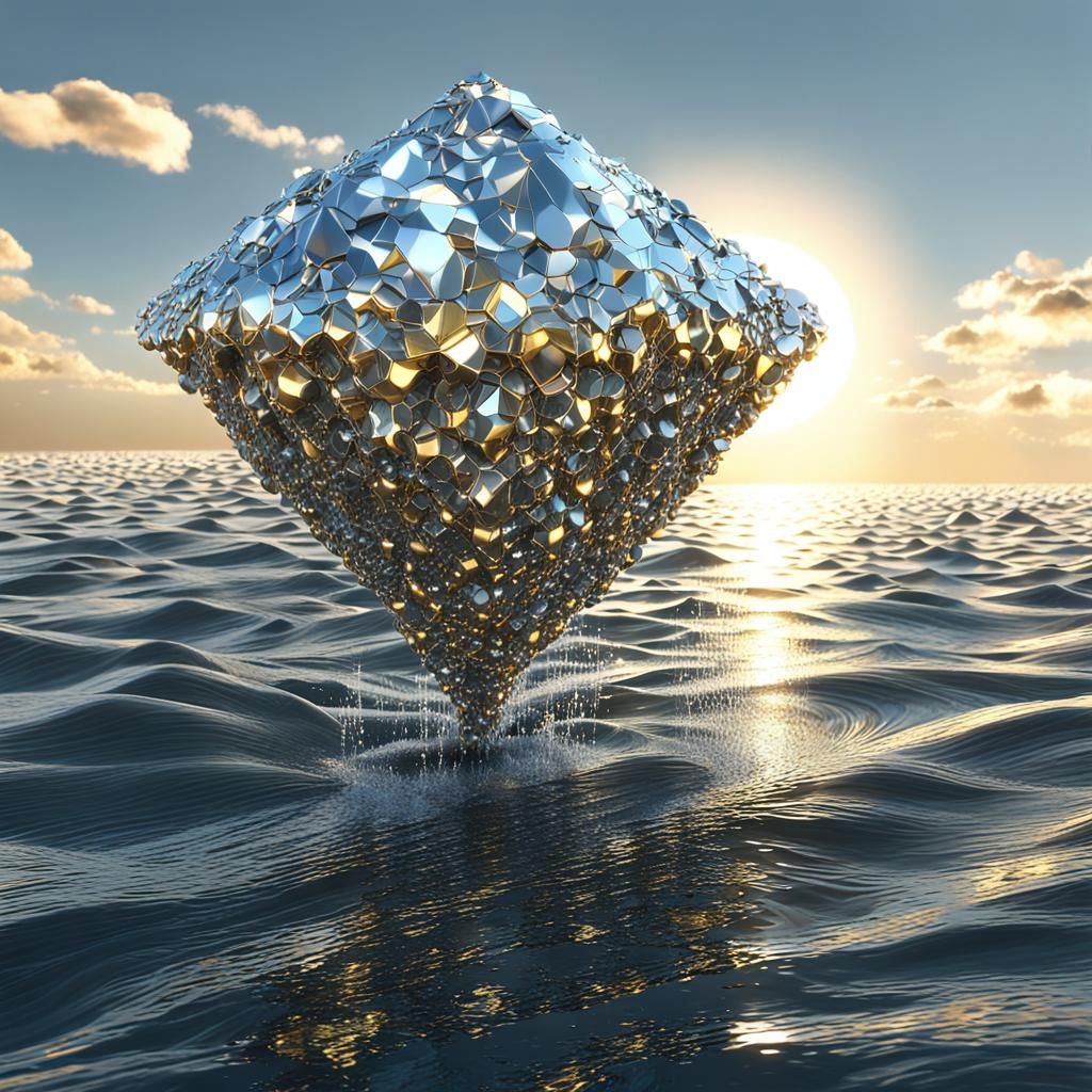 Futuristic Diamond Water Wall in Surreal Scene