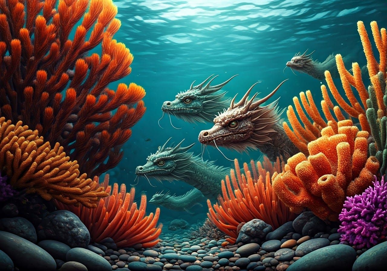 Serene Dragons Swimming in Colorful Coral Reef