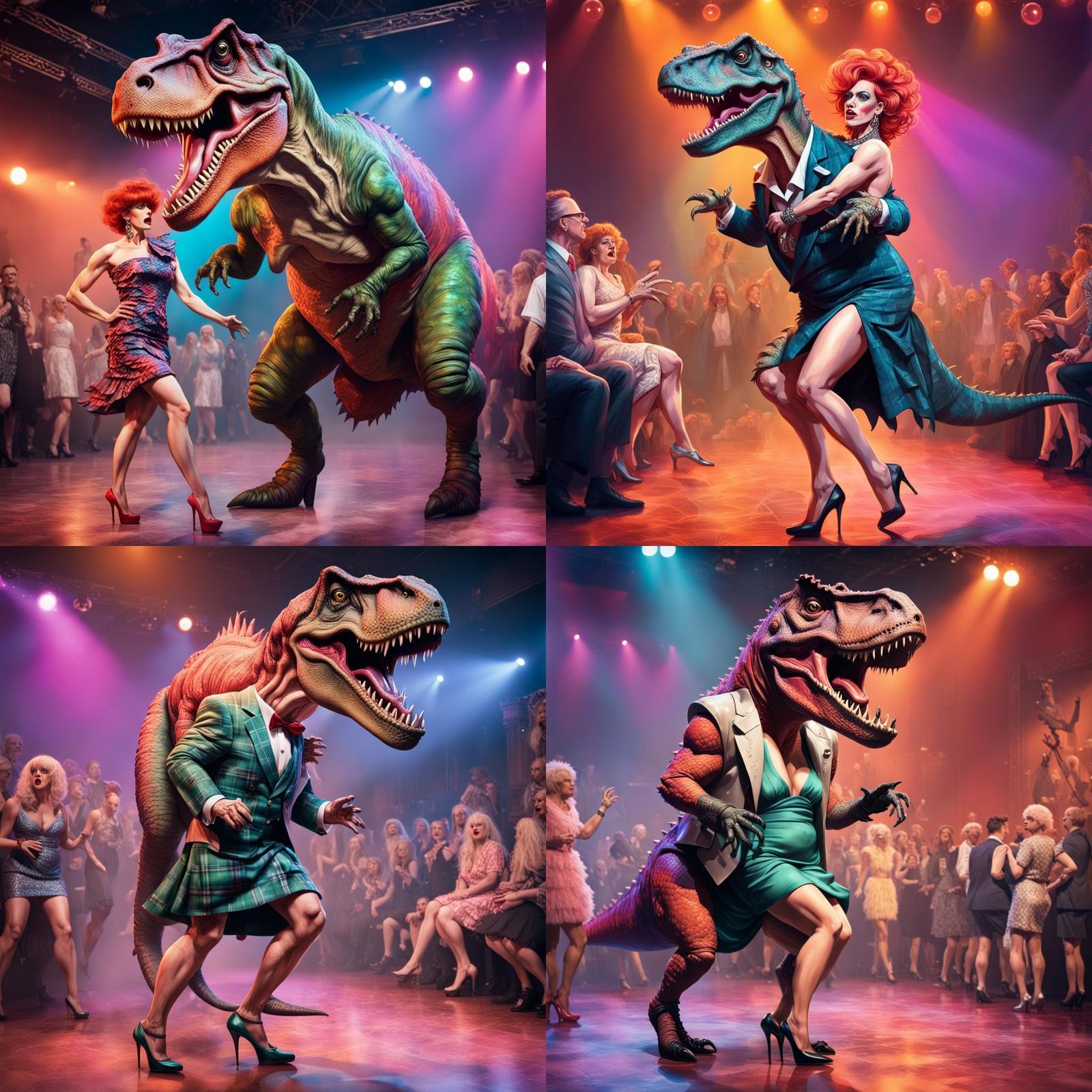 Hyperrealistic Scotsman in Drag with T-Rex Toy