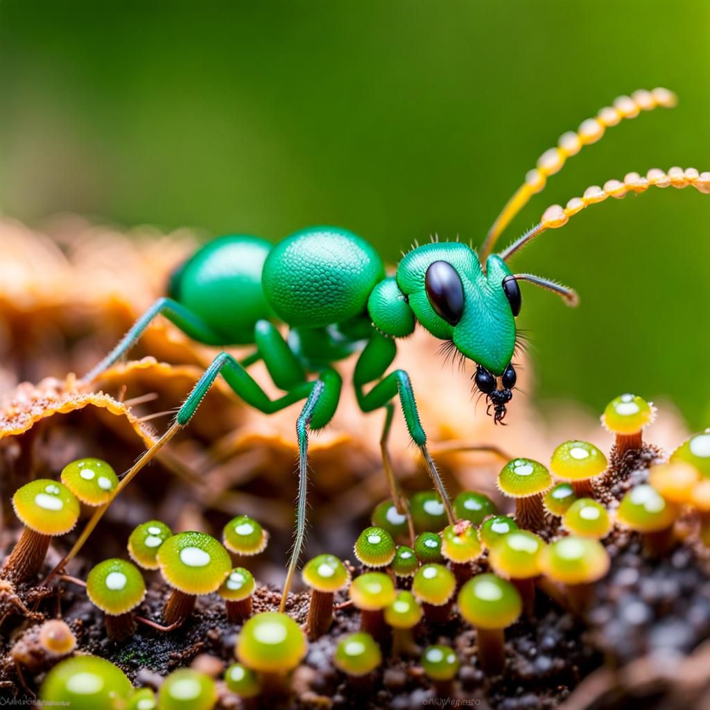 Macro Photo: Green Weaver Ant on Fungi Landscape