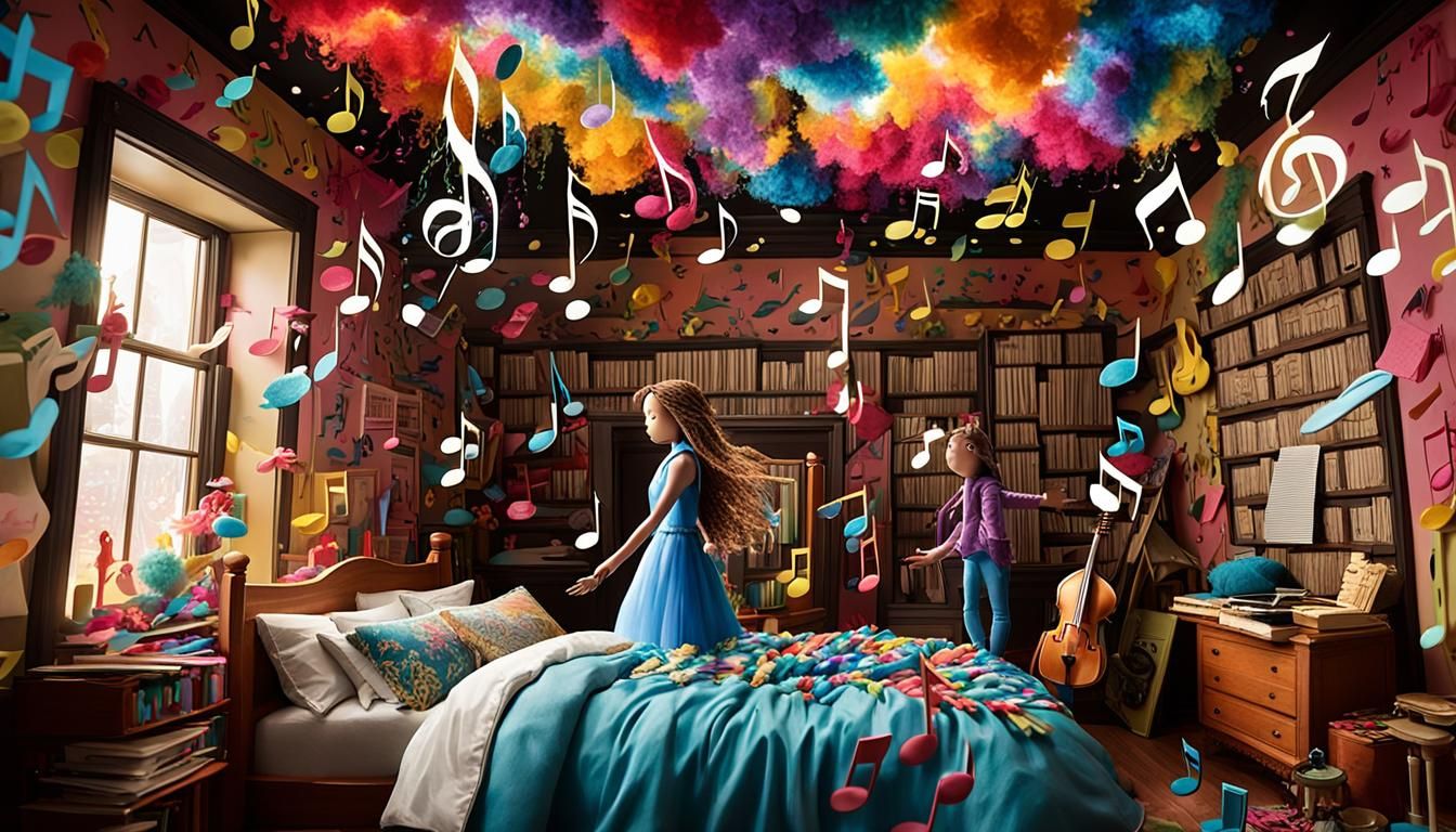 Music Notes Woman in Surreal Dollhouse Setting