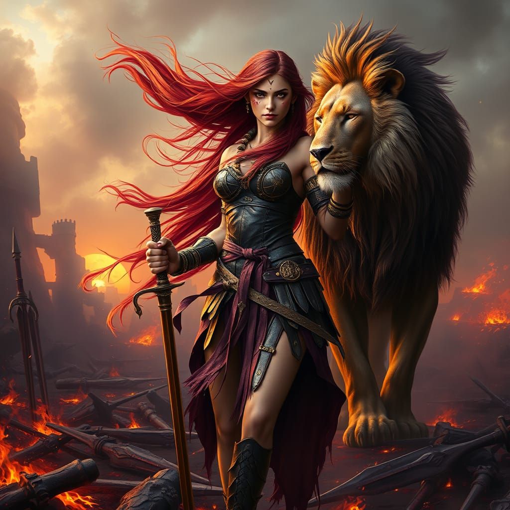 A hyper-realistic digital painting of a fierce Roman war goddess with flowing crimson hair, clad in weathered leather st...