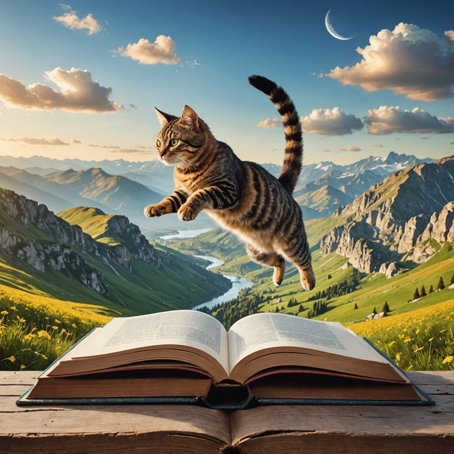 Cat's Journey Into a Book Landscape