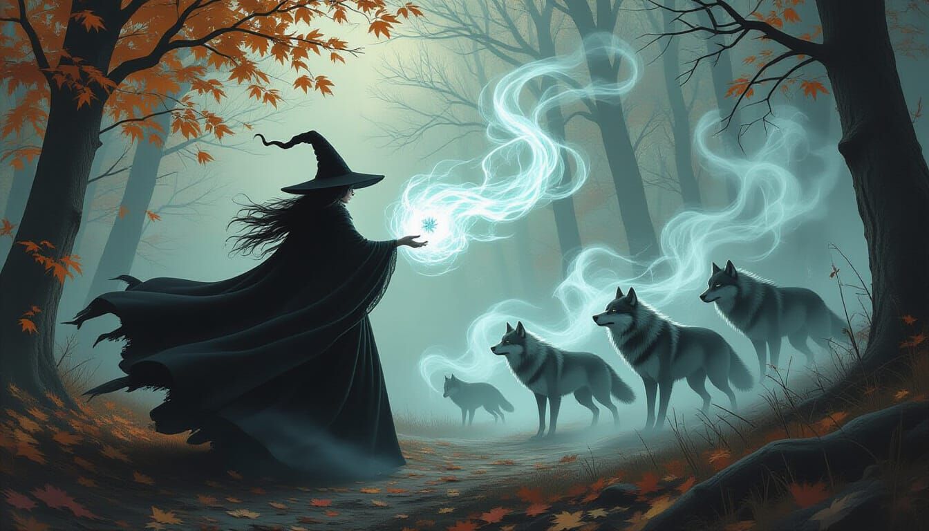 Witch Conjures Spectral Wolves in Autumn Forest