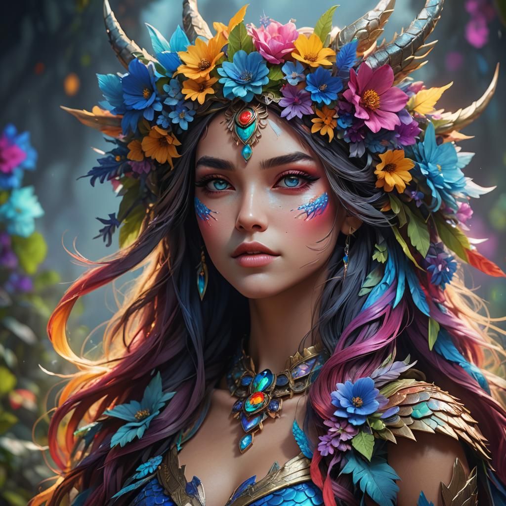 Rainbow Dragon Woman with Flower Crown in 3D