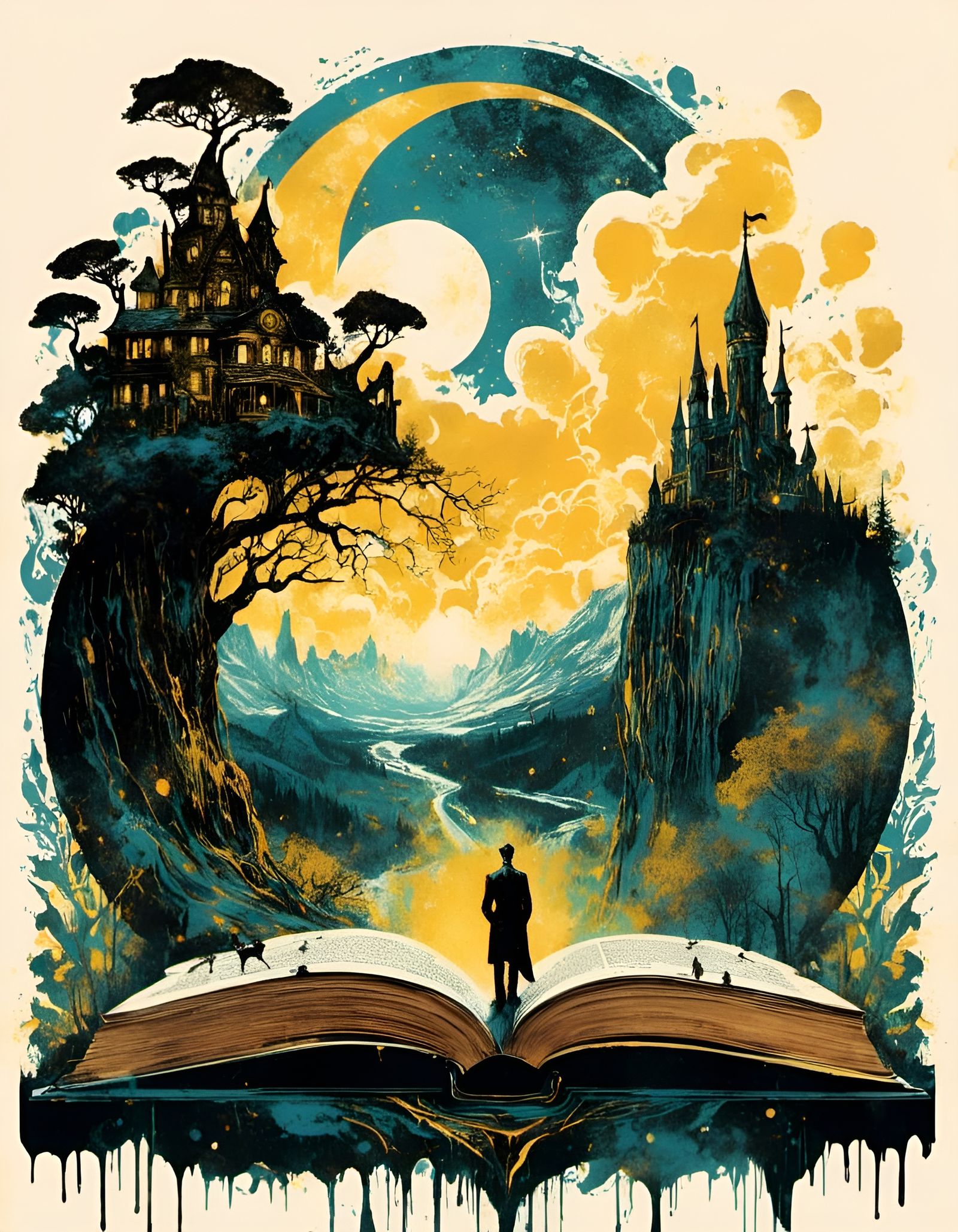 Fairytale World Emerges from Book, Textured Illustration