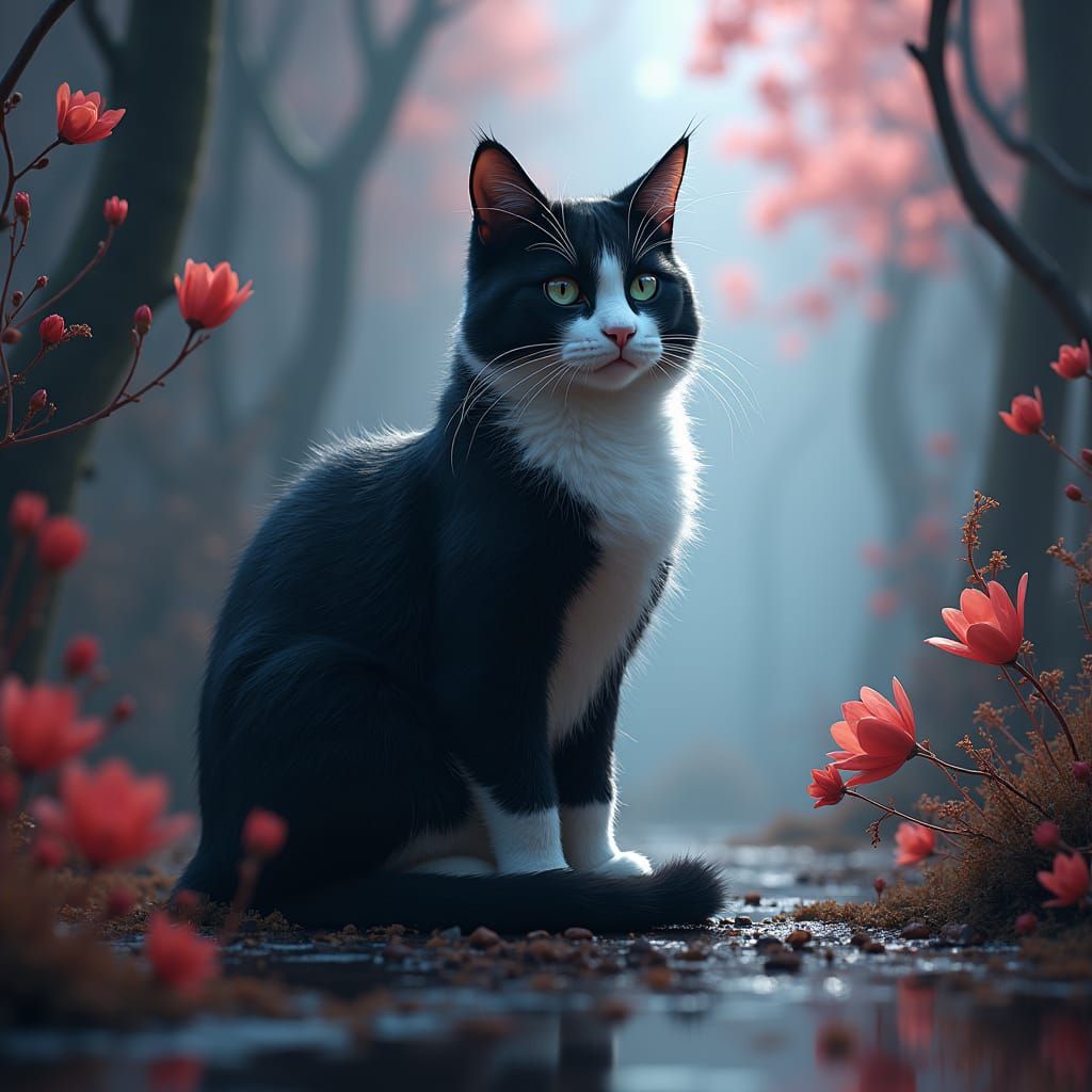 Regal Black and White Cat Princess in Dreamlike Matte Painti...