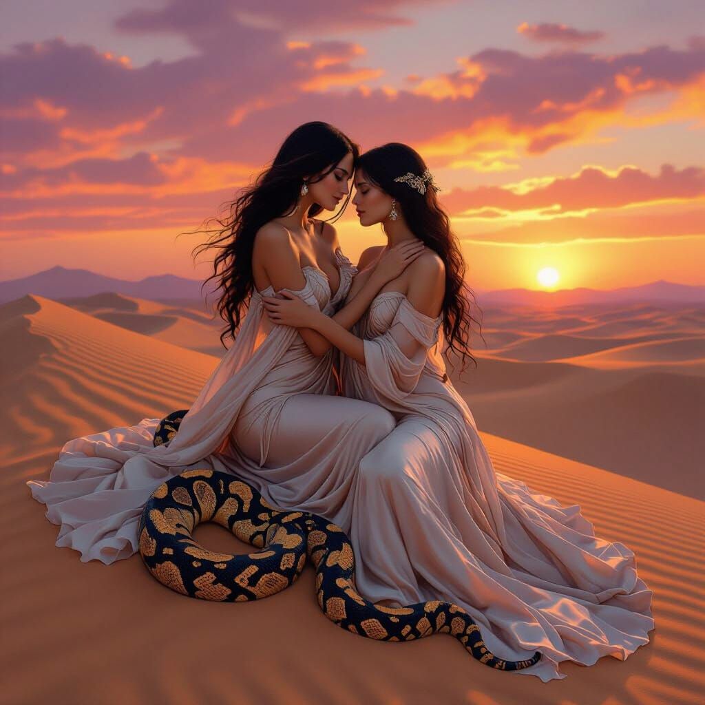 Woman and Python on Sand Dune in Sunset Light