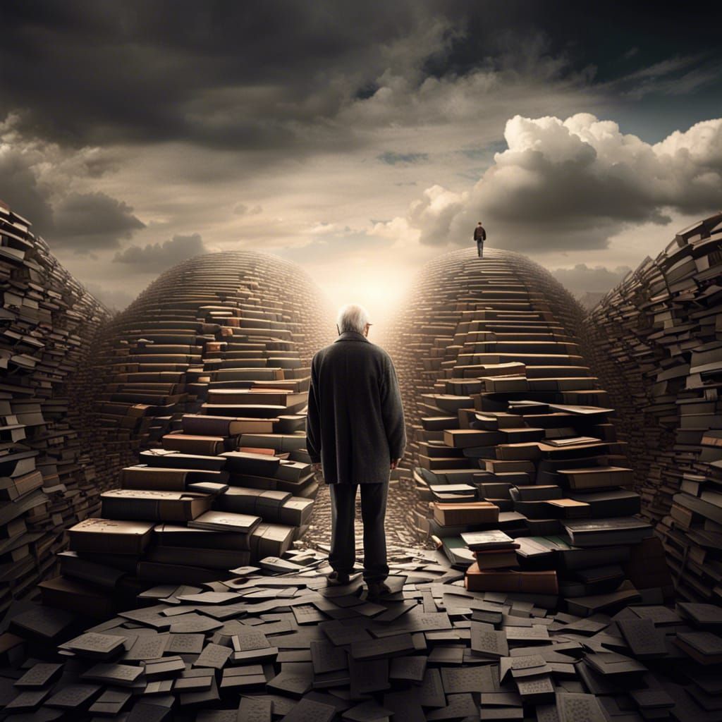Surreal Ruined City of Books with Old Man