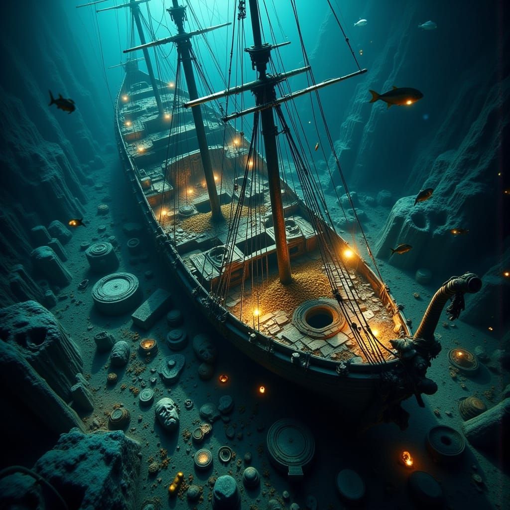 Sunken Egyptian Shipwreck in Hyperrealistic Dark Fantasy