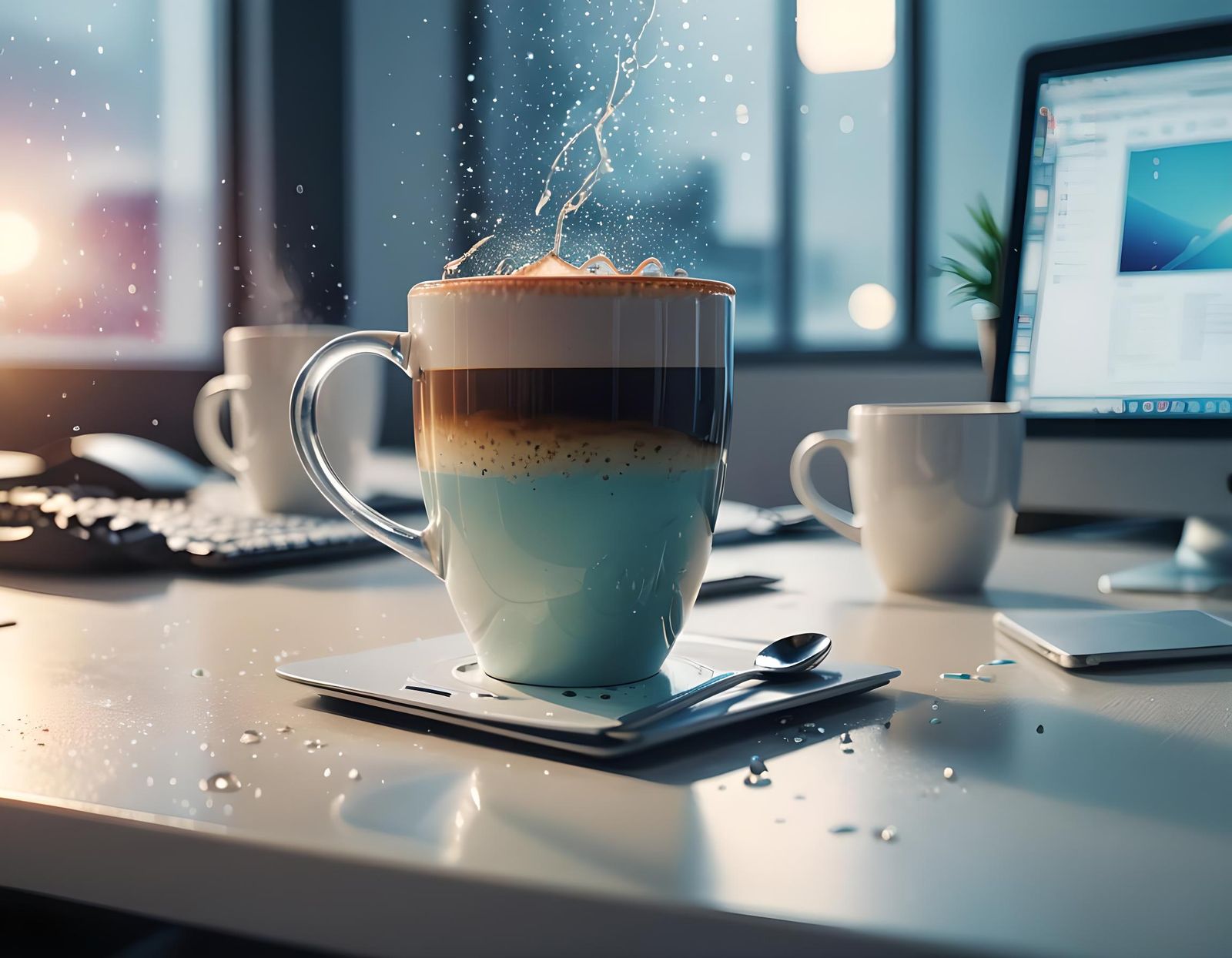 Modern Office Desk Close-Up with Coffee