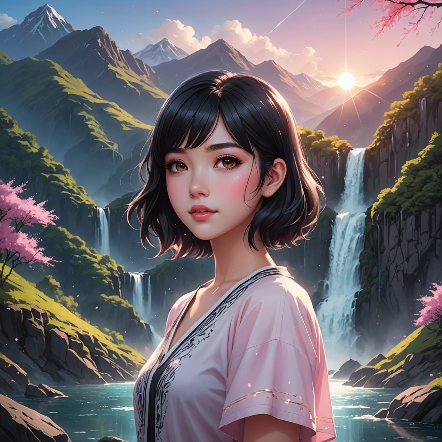 Anime Girl at Waterfall with Mountain View