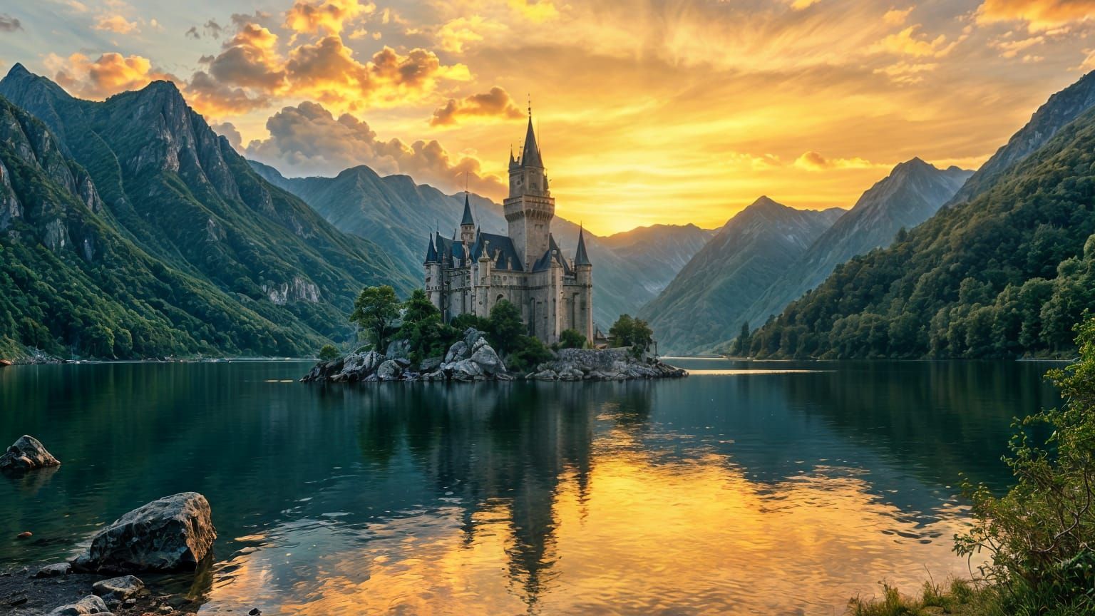 Fantasy Castle on Island at Golden Hour