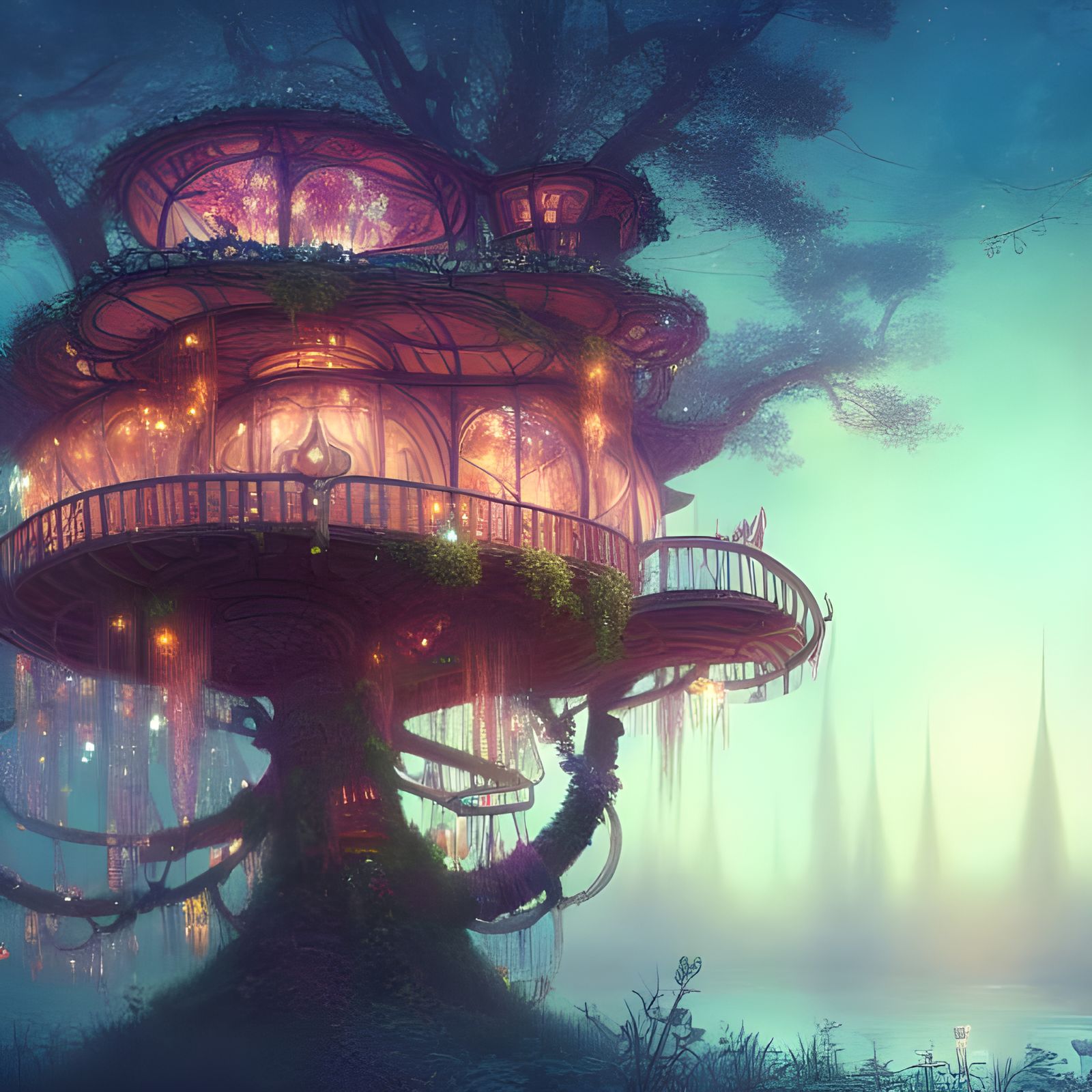 Floral Princess Treehouse with Crystal Stars, Digital Art