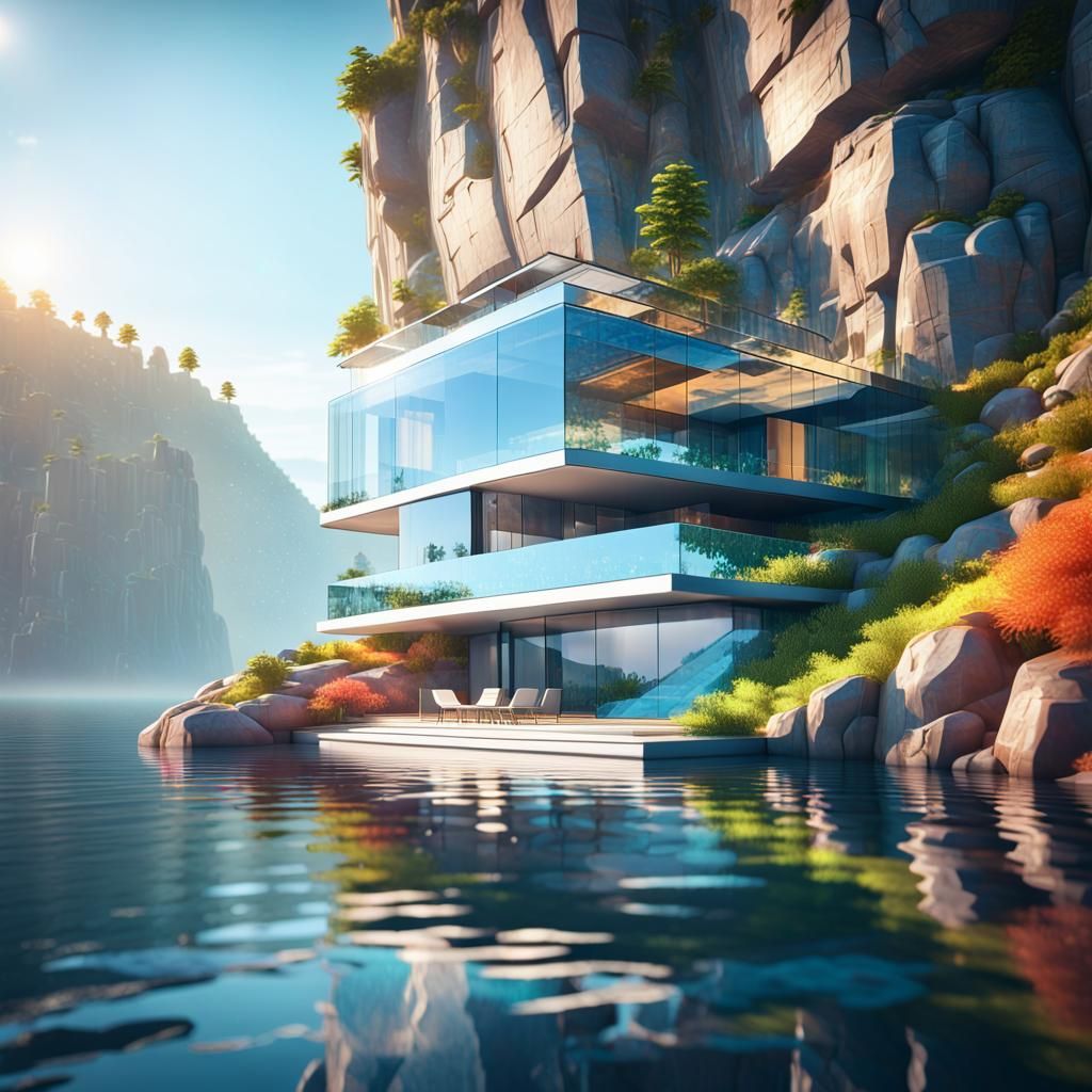 Colorful Glass Mansion with Geometric Design in 3D