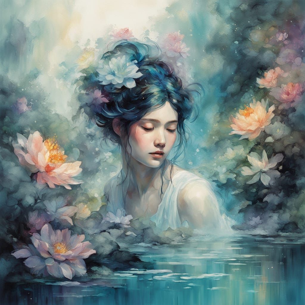 Celestial Water Nymph Emerges: Watercolor Portrait