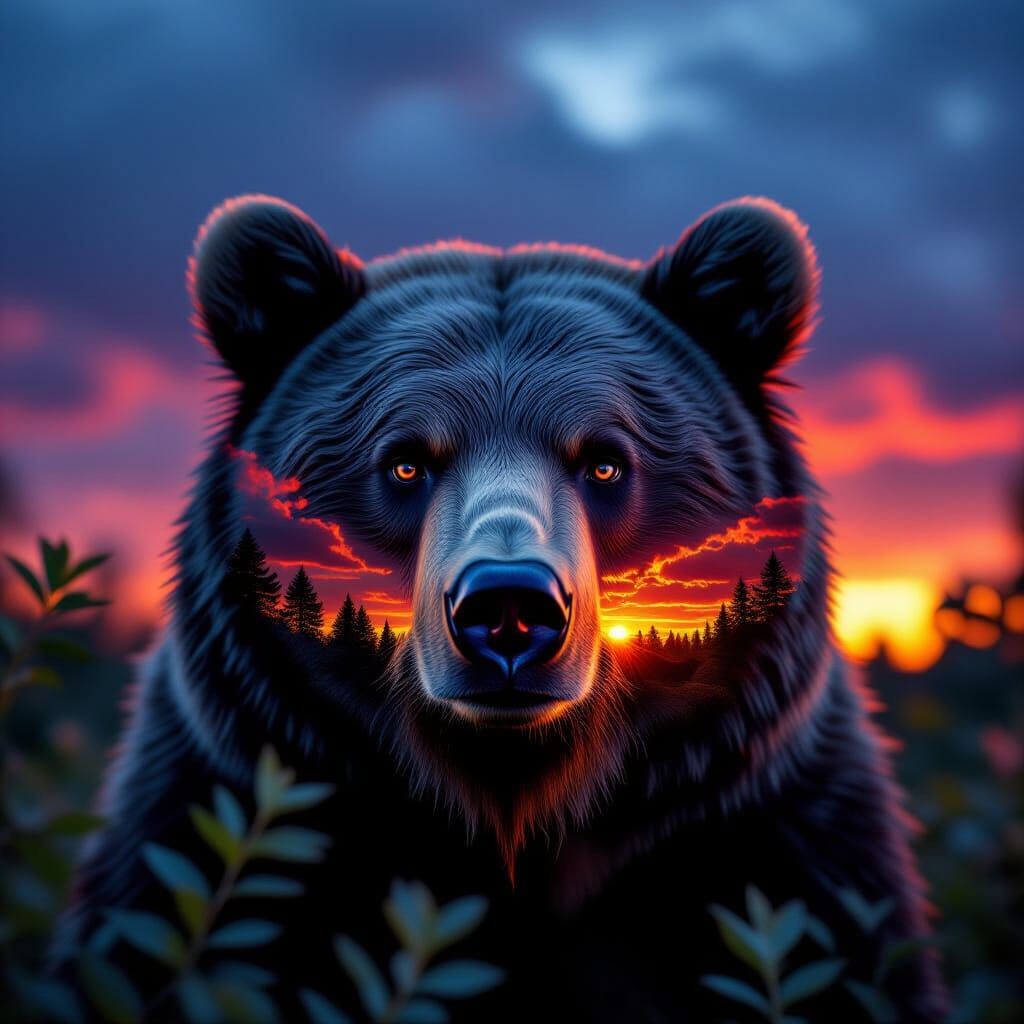 Hyper-Realistic Transparent Bear Face with Fiery Sunrise