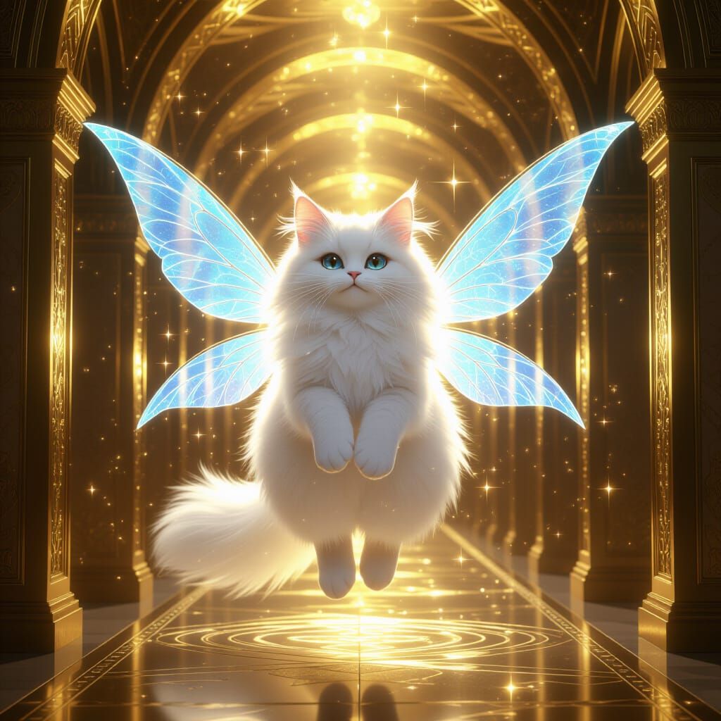 Epic Cat-Fairy Levitation in Magical Hallway