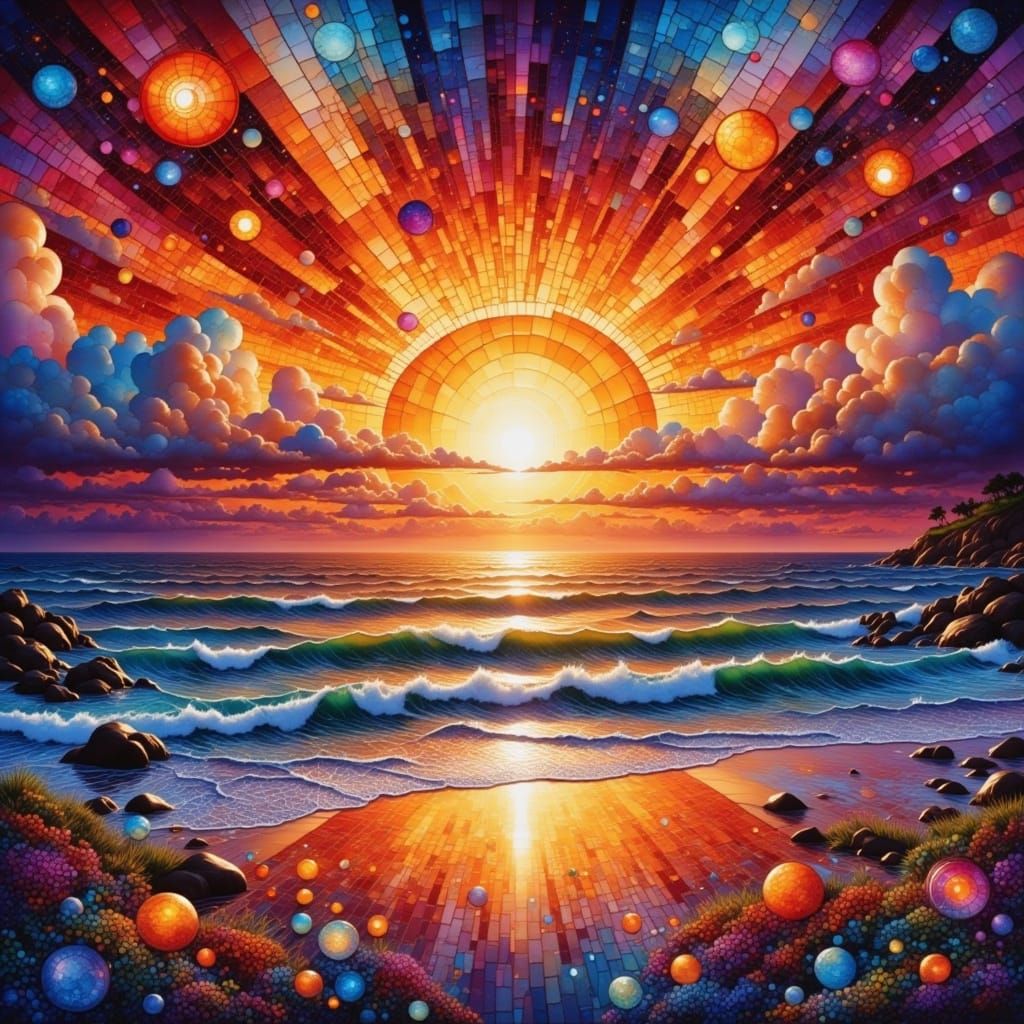 Vibrant Beach Sunset in a Cyberpunk Aesthetic