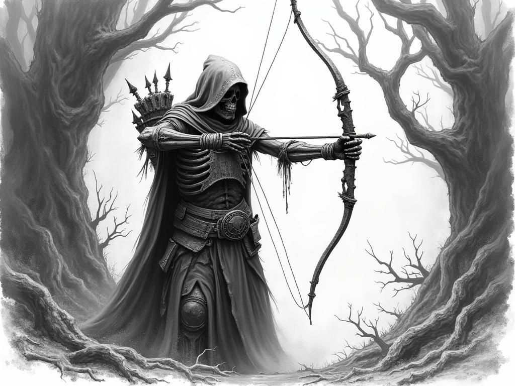 Skeletal Warrior in Mystical Forest, Pencil Sketch Style