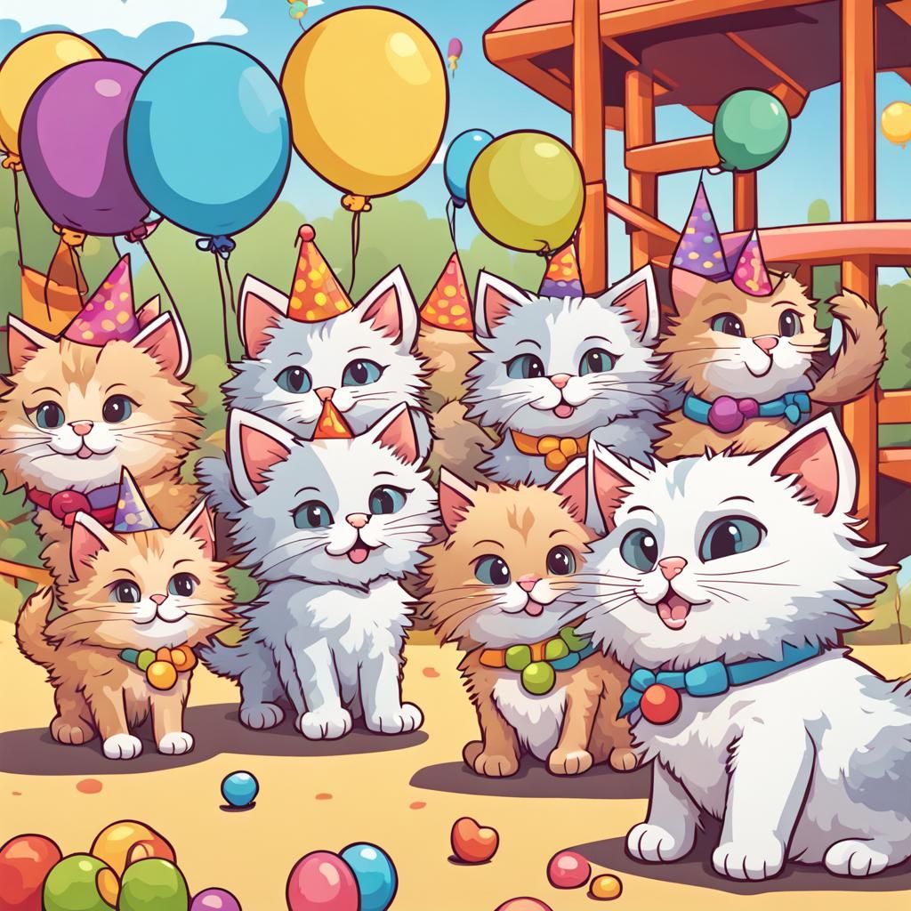 Cartoon Kittens' Birthday Party at the Playground