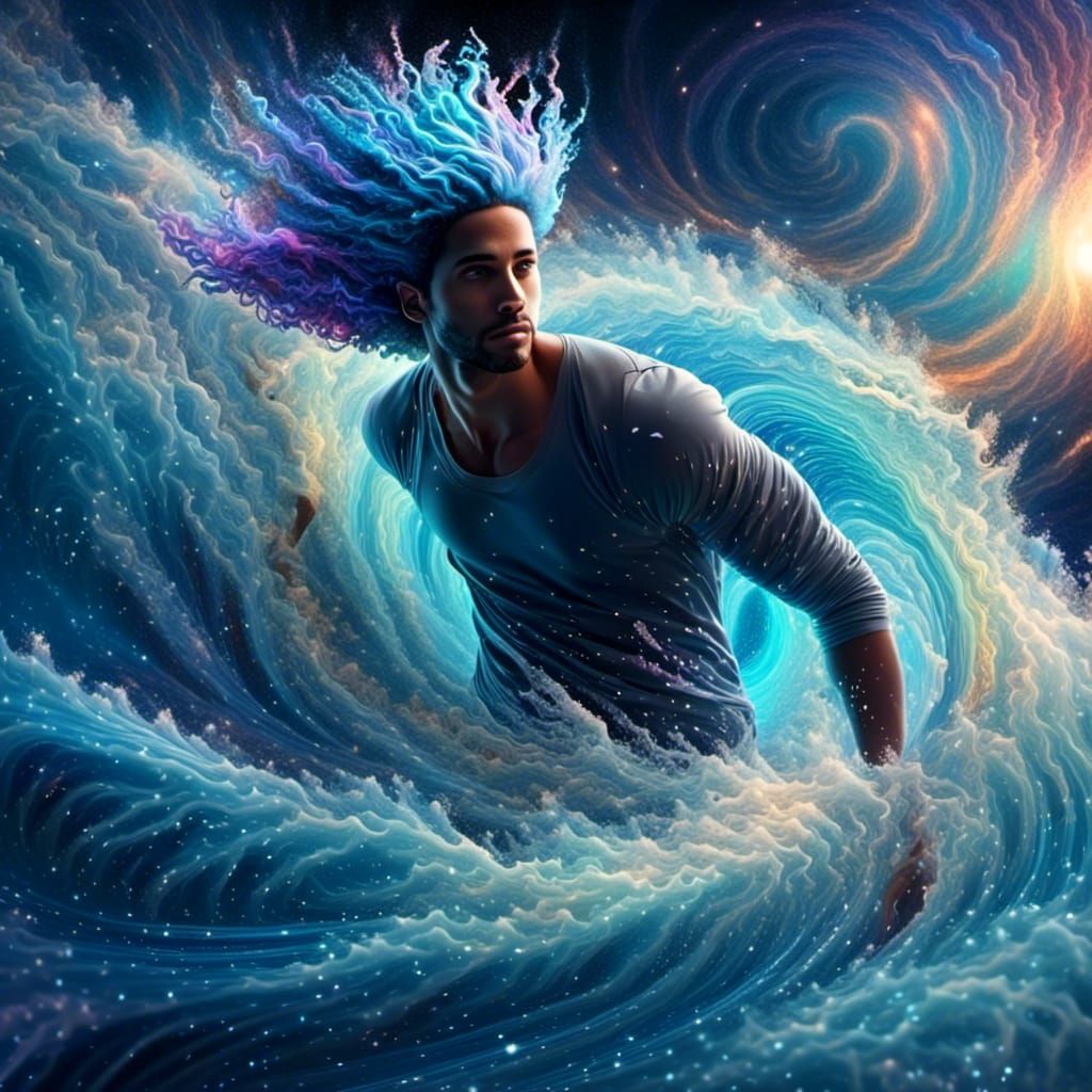 Blue-Haired Man Walks on Water: Hyperrealistic Art