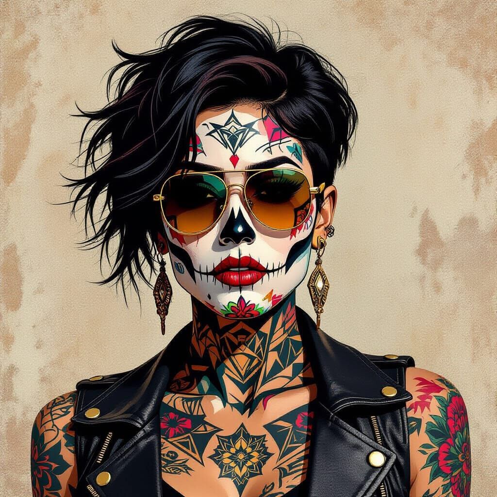 Rebellious Woman with Geometric Tattoos in Pop Art