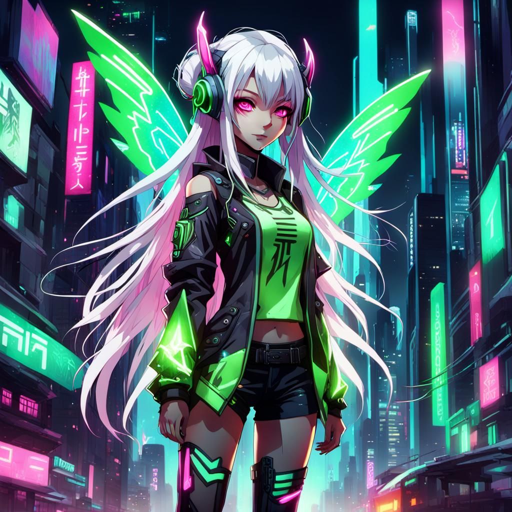 Cyberpunk Anime Girl in Neon Cityscape